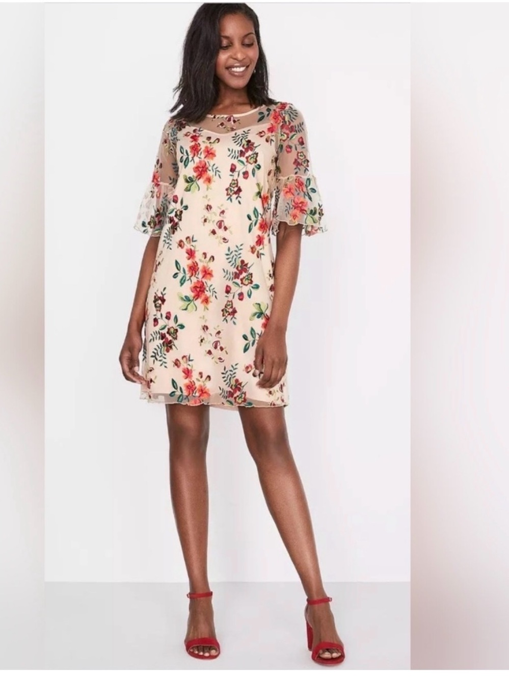 RW&CO. Beige Floral Shift Dress with Sheer Bell Sleeves